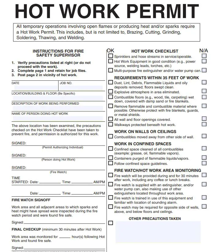 Typical Hot Work Permit Sample