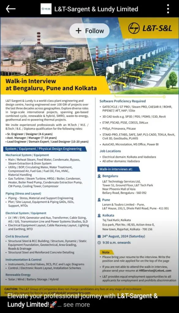 L&T-S&L Walk-in Interview at Bengaluru, Pune and Kolkata