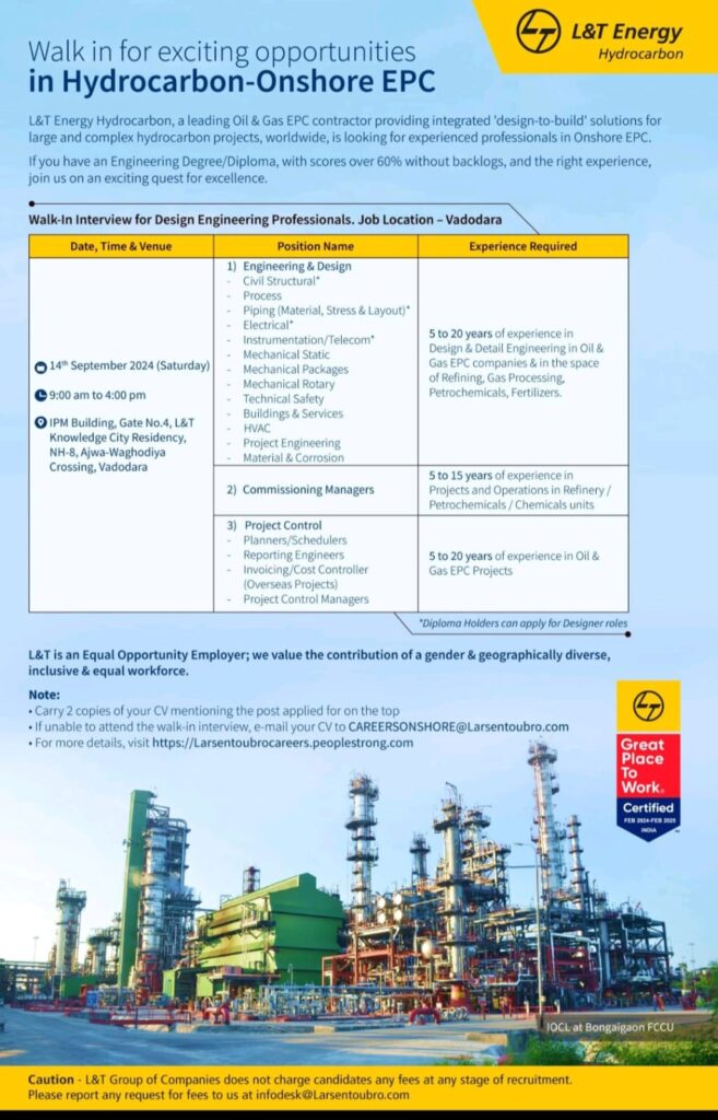 L&T Onshore Vadodara Walk-in-Interview