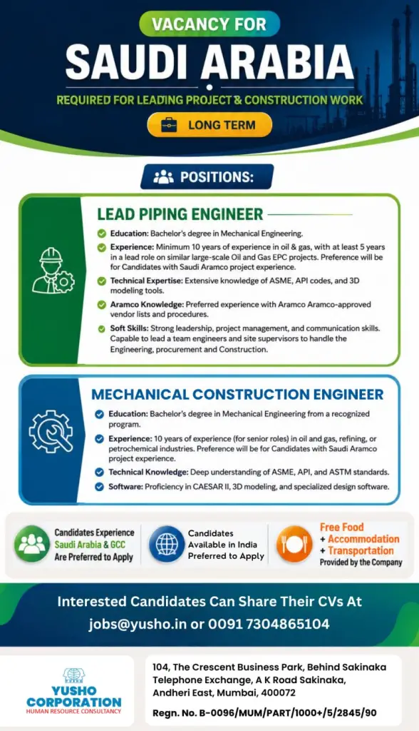 Piping and Mechanical Enginner Vacancy for Saudi