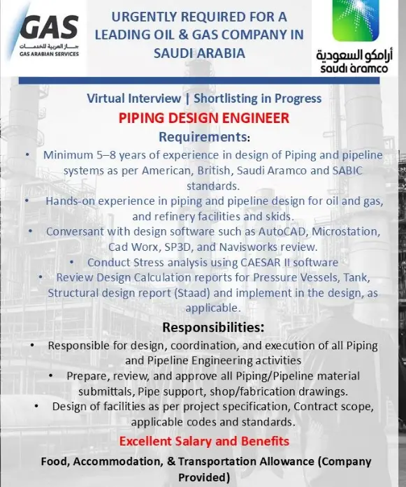 Piping Design Engineers for Saudi