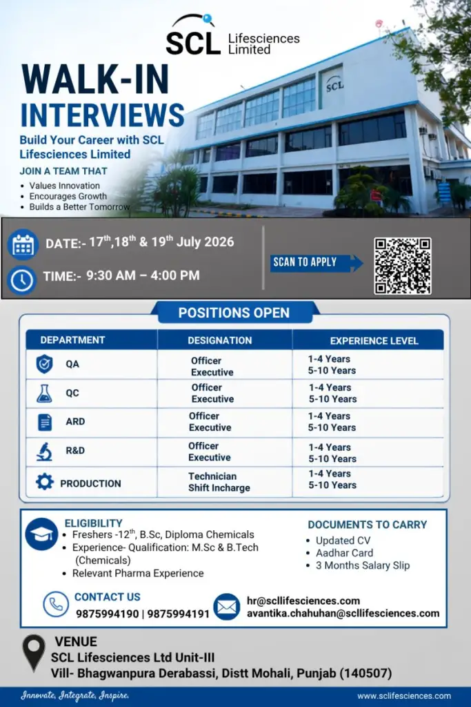 Walk-in for Jobs at SCL Lifescience