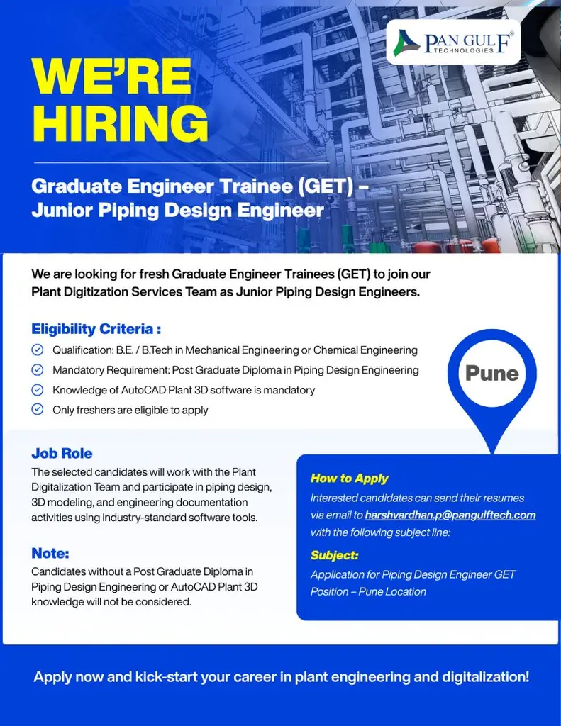 Freshers Hiring as GET & Junior Piping Engineer
