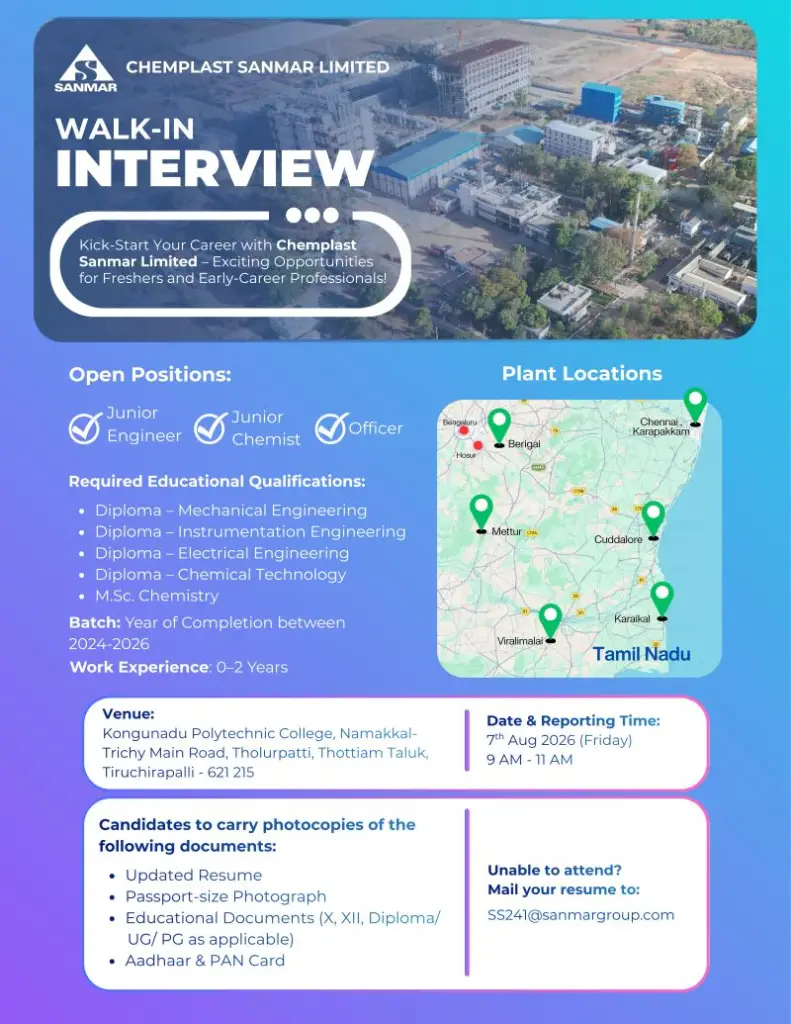 Chemplast Sanmar Freshers Walk-in