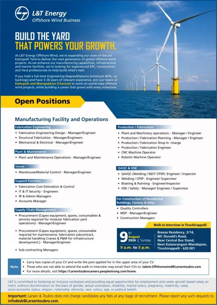 L&T Energy Walk-in Interview
